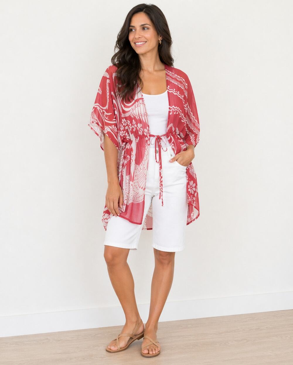FOREVER Sheer Top Poncho Kimono Coverup Front Tie RED size Small Made USA